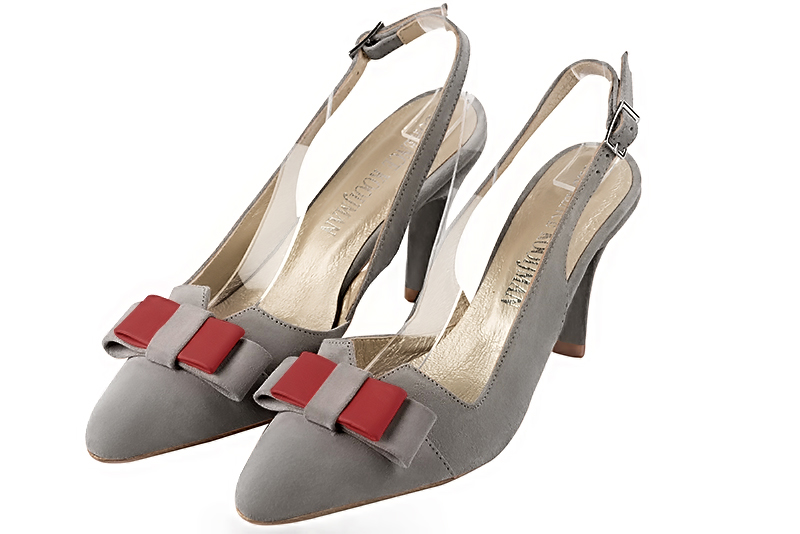 Dove grey women's open back shoes, with a knot. Tapered toe. High slim heel. Front view - Florence KOOIJMAN